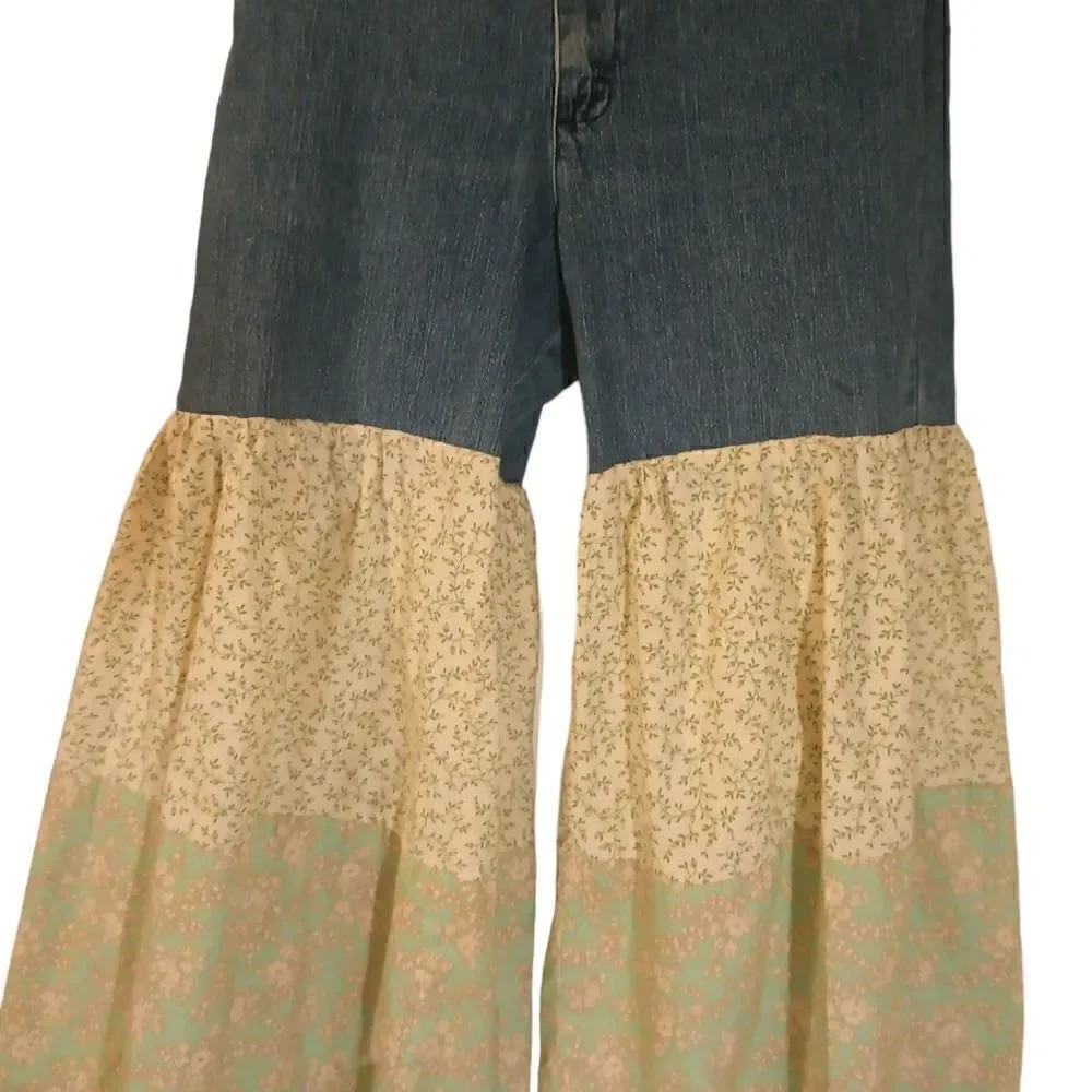 Upcycled recycled customized vintage hippie gypsy  bell bottom denim jean 12 - Picture 4 of 12